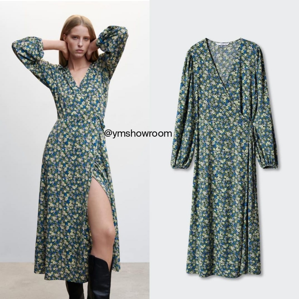 Mango Green Floral Wrap Midi Dress